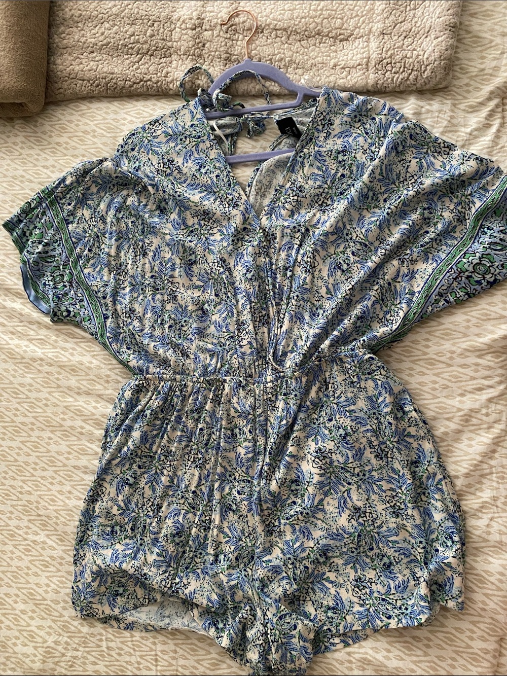 Vici Blue and Cream Floral V-Neck Romper
